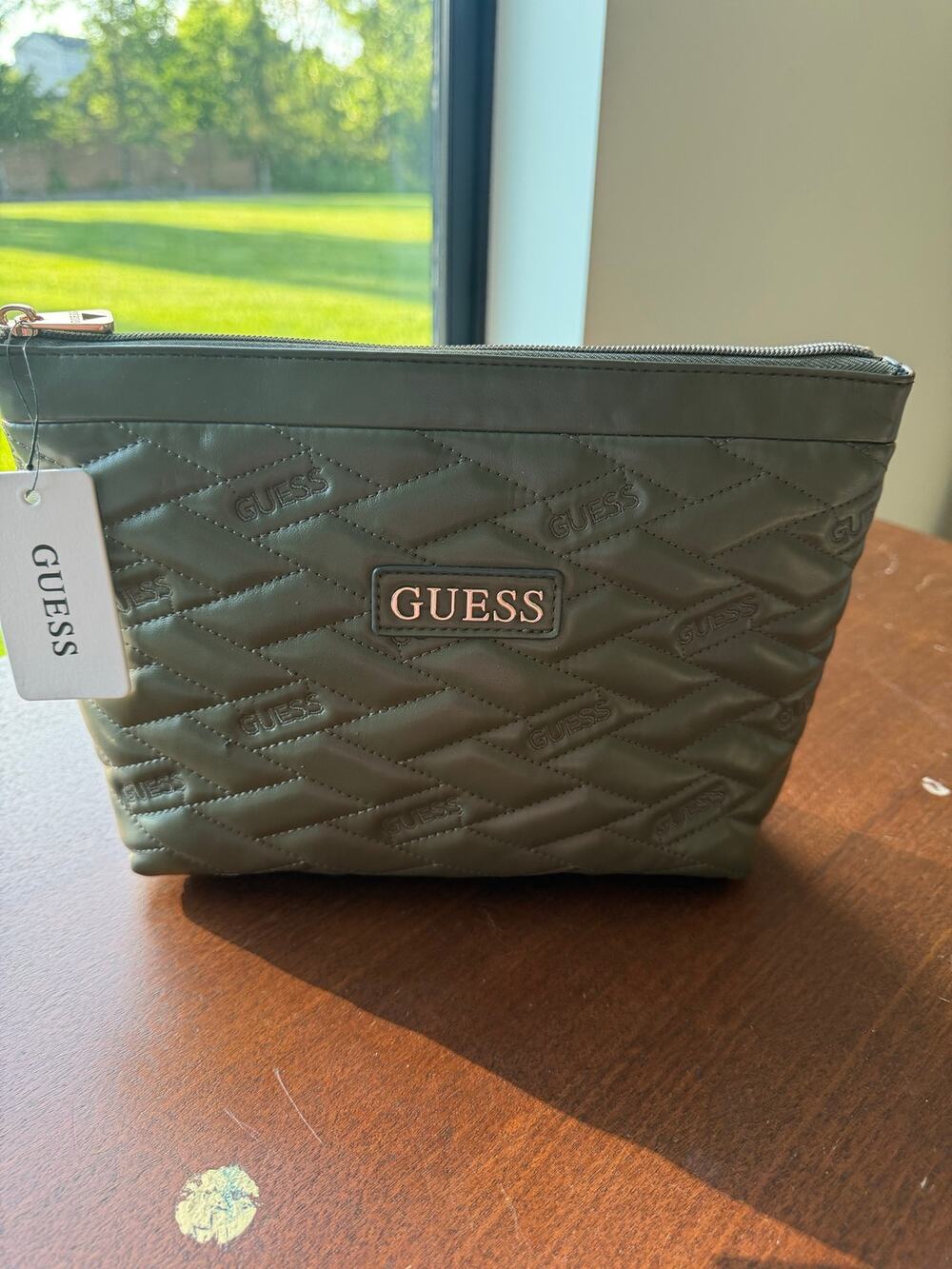 NWT GUESS Olive Green Quilted Logo Cosmetic Pouch Briella Travel Bag